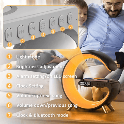 LÁMPARA RELOJ DE ATMÓSFERA, CARGADOR INALÁMBRICO, ALTAVOZ BLUETOOTH