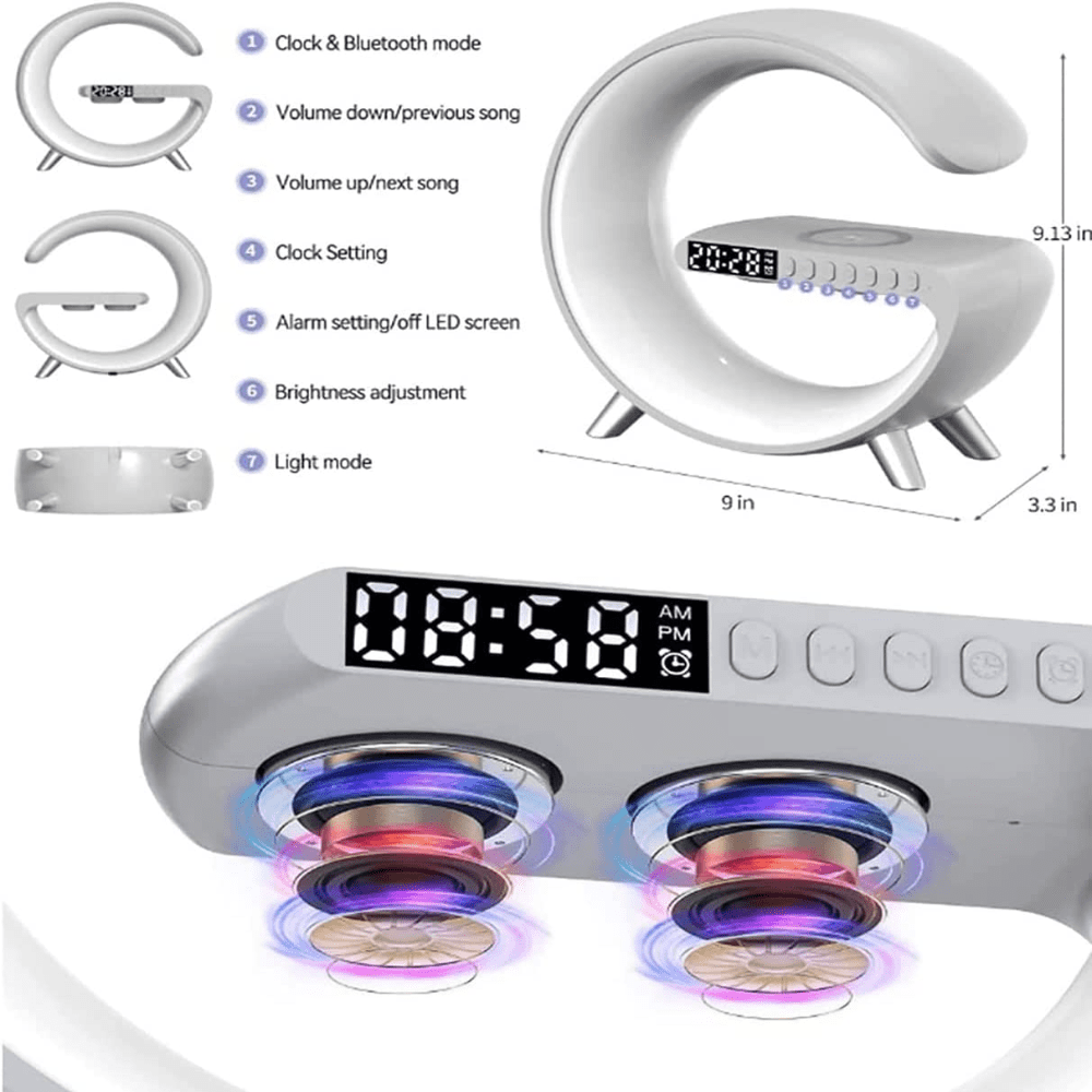 LÁMPARA RELOJ DE ATMÓSFERA, CARGADOR INALÁMBRICO, ALTAVOZ BLUETOOTH