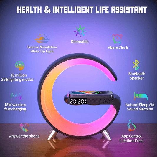LÁMPARA RELOJ DE ATMÓSFERA, CARGADOR INALÁMBRICO, ALTAVOZ BLUETOOTH